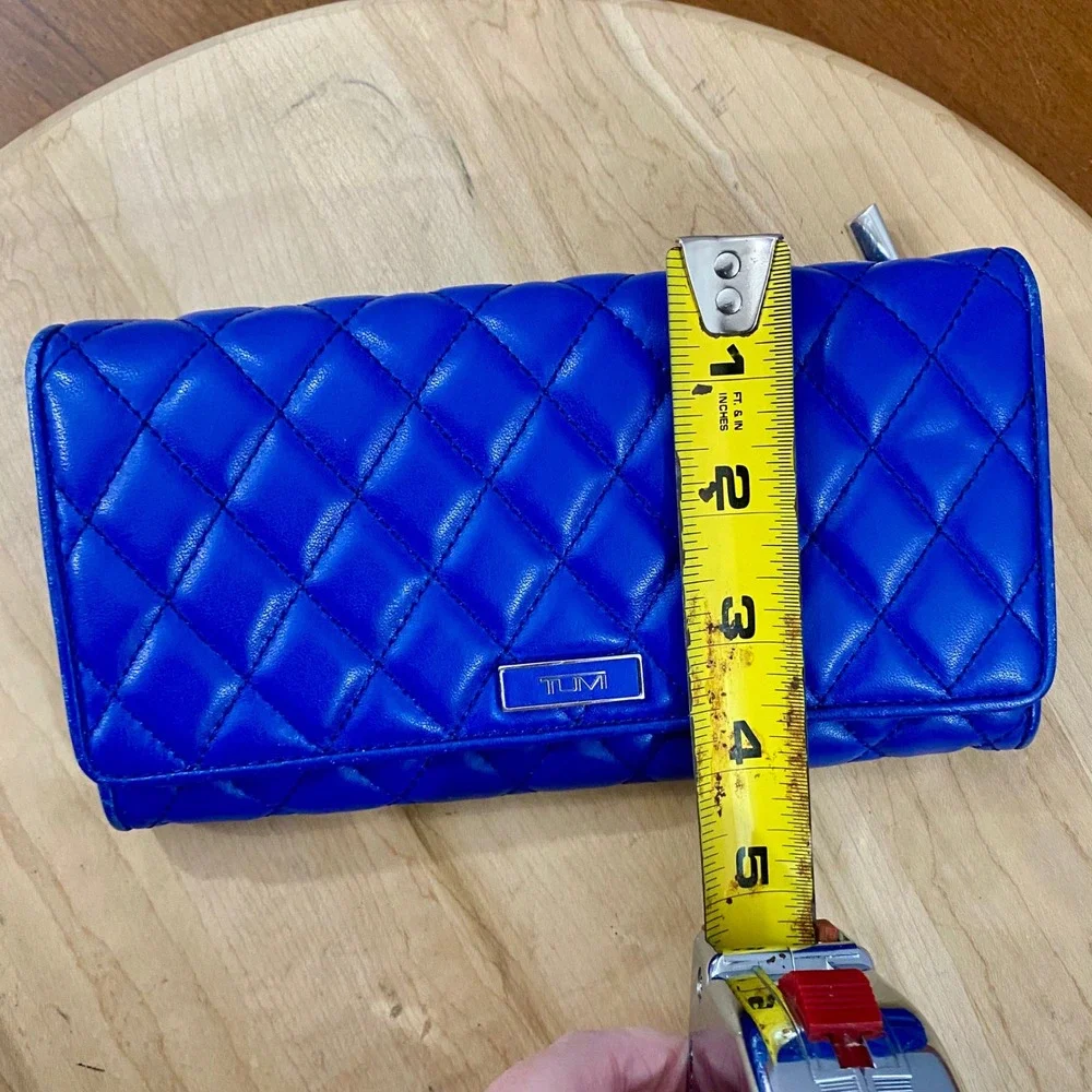 Tumi Blue Leather Quilted Continental Flap Wallet Long Organizer Clutch Travel